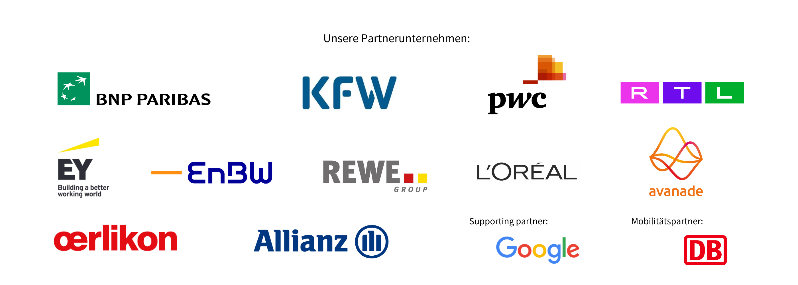 Unsere Partnerunternehmen BNP,KFW,PWC,RTL,Allianz, EY, Loreal,EnBW, Oerlikon, Avanade, Rewe , Supporting Partner Google, Mobilitätspartner Deutsche Bahn