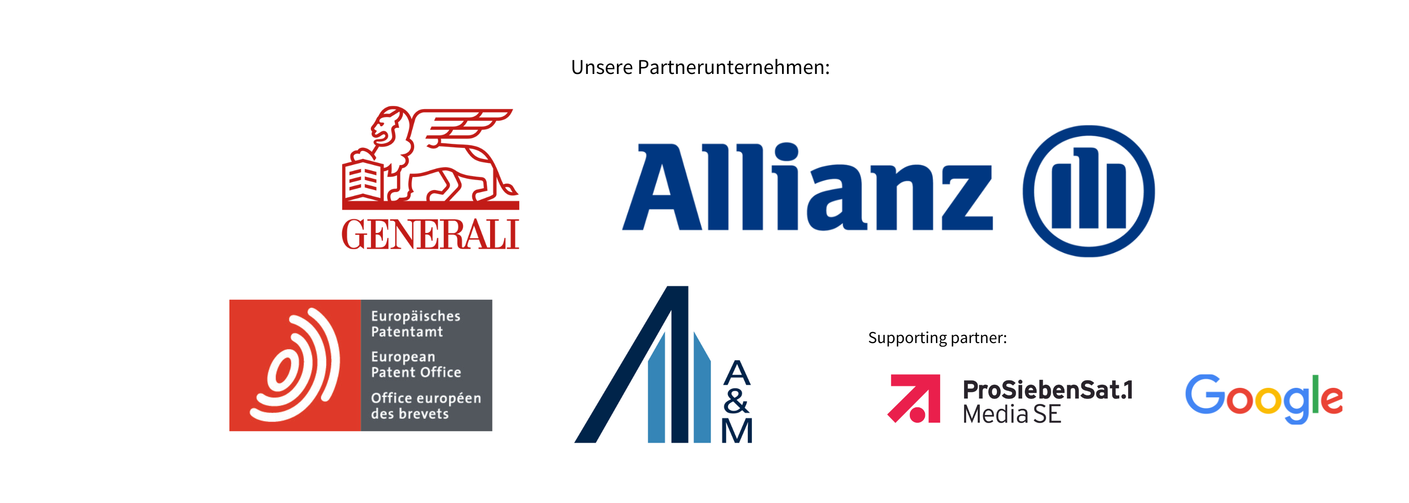 Unsere Partnerunternehmen Generali, Allianz, Alvare und Marsal, Europäisches Patentamt, Google und Pro7 als supporting partner