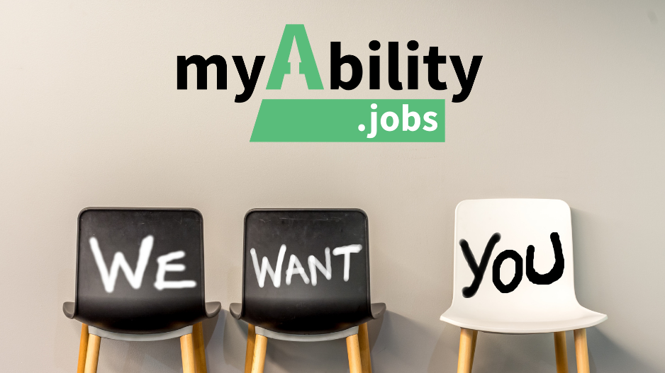 myAbility.jobs Logo, 3 Stühle auf denen "We want you" steht